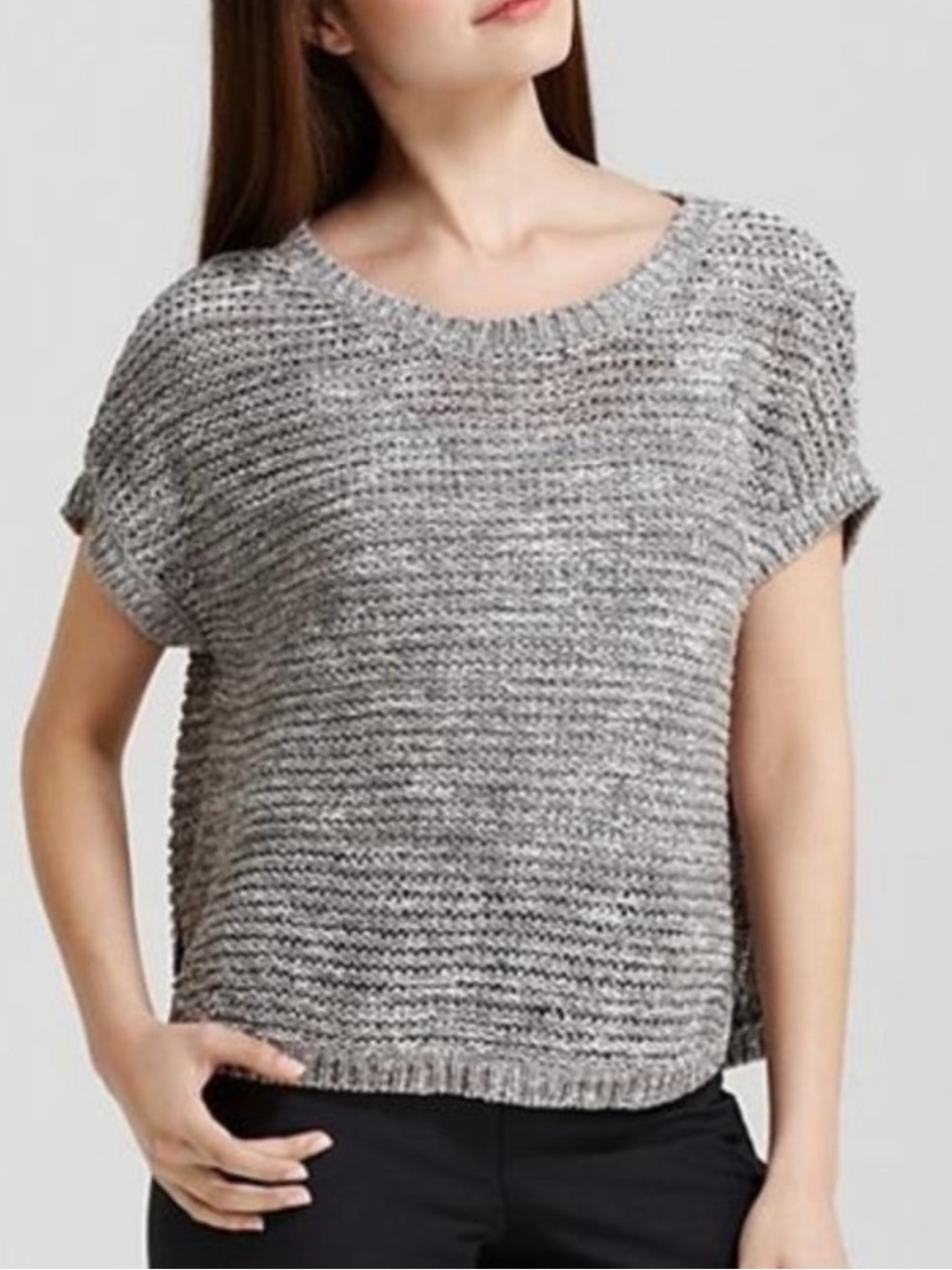 Eileen Fisher Pearl Gray Wonder Stitch Open Knit Cap Sleeve Sweater Top M